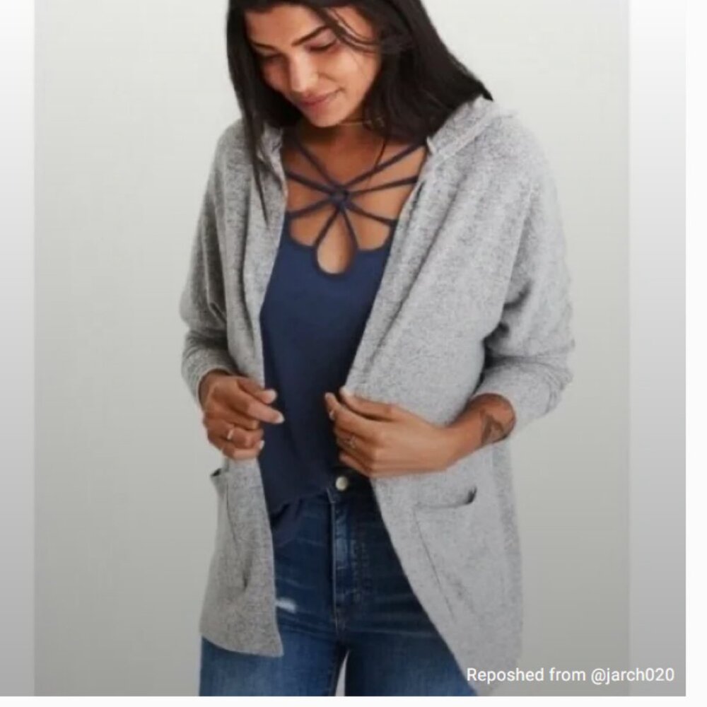American Eagle Soft & Sexy Plush Hooded Cardigan | Gray | Size M